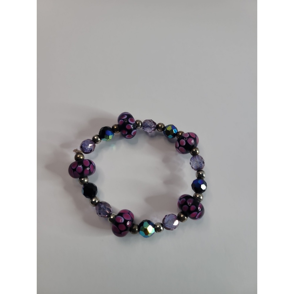 Pink Black Purple Beaded Stretch Bracelet with floral Dot Pattern